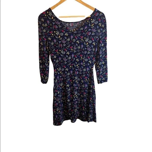 GAP Blue Floral Print Scoop Neck Long Sleeve Lightweight Flowy Mini Dress 2 - Picture 3 of 9
